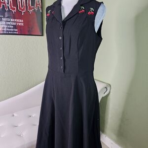 BNWT Hell Bunny Black Sleeveless Midi Dress with Cherry Embroidery